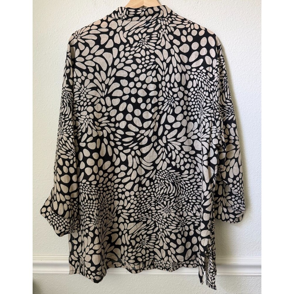 Saint Tropez West Shirt Women's 2X Beige Black Linen Button Up Boho Art Deco Top - Picture 2 of 11